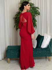 Red Elegant Neck Tassel Open Back Slit Waist Bag Gown Dress