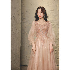 Hot sale new evening dress women's long skirt new host temperament banquet temperament long-sleeved pink dress fashion