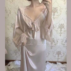 QWEEK Satin Nightgown Elegant Dresses Women Autumn Sleepwear Lace Nightwear Long Sleeve Vintage Nightie Sexy Gown Vestidos