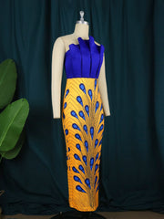 AOMEI Women's Dresses Printed Peacock Patchwork Tube Tops Backless Bodycon Blue Yellow Contrast Color Birthday Night Club Robes