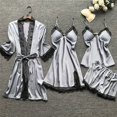 Pajamas women's sexy pajamas four-piece underwear Korean version sling pajamas women's home clothes with chest pad nightgown