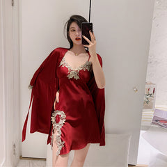 2PCS Pajamas Set Womens Long Sleeve Nighty Robe V-Neck Sleep Wear Pijama Home Nightie Sexy Bathrobe Gown Suit vest with Chest Pad Silk Slip Nightdress