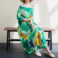 Autumn new middle-aged and elderly mother's wear ethnic style round neck long-sleeved abstract print dress for women