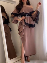 Elegant Lace Panel Ruffle Belt Slit Dress