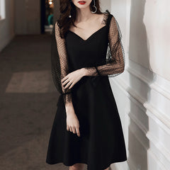 Ladies V-neck Short Long Sleeve Simple Party Dress Fashion Banquet Evening Dress
