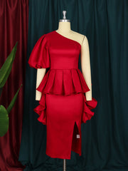 فساتين الحفلات النسائية الصيفية Bodycon الكشكشة نفخة الأكمام الستر واحد الكتف فستان أحمر مشرق حجم كبير ملابس المشاهير الحدث