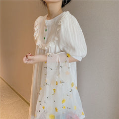 QWEEK Cotton Night Dress Women Korean Sleepwear Girls Style Nightgown Nightie Puff Sleeve Nightwear Loungwear