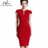 Nice forever Office Women Vintage Summer Solid Deep V neck Zipper Back Formal Stretch Pencil work Bodycon Pocket Dress 521
