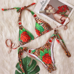 New swimsuit flower leopard print split swimsuit sexy women's swimwear crystal diamond bikini