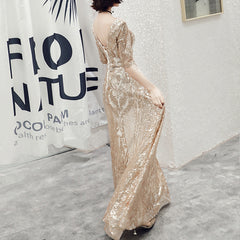 Ladies Long V-neck Sleeve Party Evening Dress Champagne Sequin Party Dress