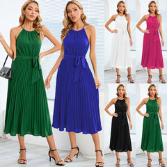 European and American Women's Dress Sexy Spaghetti Strap Sleeveless Pleated Skirt Dress