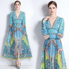 2184 shot 2023 early spring vacation style temperament design collar print long sleeve waist waist dress