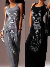 Women's Dress Cartoon Egyptian  Cotton Tank Top Dress Summer Sexy Casual Bohemian Long Dress Beach Dress Sling Tank Top