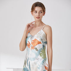 Women's printed suspender nightdress summer and autumn V-neck backless sexy pajamas comfortable mid-length nightgown home service