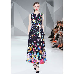 عرض ساخن فستان جديد مطبوع بربطة عنق على شكل حرف v فستان أنيق بدون أكمام للنساء