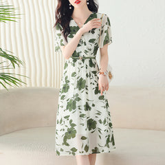 Sui La V-neck age-reducing chiffon floral waist dress women's summer temperament and meat-covering long skirt