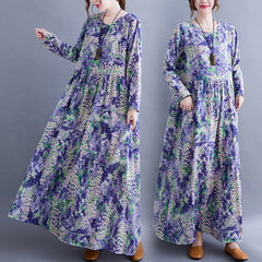Ladies, Japan and South Korea, autumn new style art and leisure plus size women's fat MM plus fertilizer to increase printing cotton and linen long-sleeved temperament dress