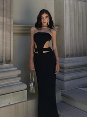 Women's New Solid Color Dress Hollow Wrap Chest Backless Dress Sexy Fashion Night Club Side Split Sleeveless Dress Long Skirt