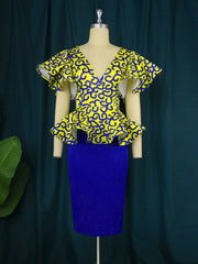 فساتين مطبوعة مثيرة ضيقة للنساء في المكتب مرقعة بفتحة عميقة على شكل V وأكمام قصيرة أوشحة حول الركبة للمواعدة ملابس نادي الأعمال