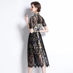 Women's Spring Summer Dress Stitching Print Short Sleeve Turtleneck Bodycon Dress