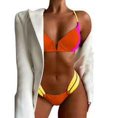 Explosive Ladies Swimsuit Bikini Solid Color Stitching Ribbon Bikini Swimsuit Split Swimsuit Women