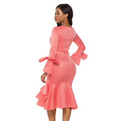 Round neck bow hollow large size slim ruffled high waist flared long sleeve dress women