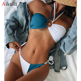 Sexy Off Shoulder Halter Bikinis Swimsuit Women's  Splicing Swimwear 2021 Summer Female  set Strapless Bathing Suits