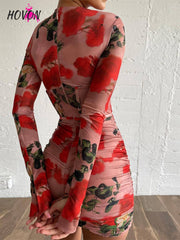 HOVON Cut Out Floral Print Corset 2022 Spring Summer Bodycon Mini Dress Women Long Sleeve Sexy Backless Party Night Club Dresses