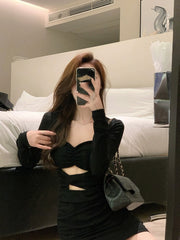 Black Bodycon Dress Women's 2023 Autumn Long Sleeve Short Party Dress Office Women's Solid Elegant Vintage Y2k miniskirt Korean Edition