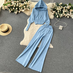 Autumn and winter European and American style minimalist solid color hooded top + waisted trousers casual two-piece set