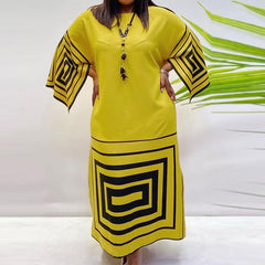 VONDA ladies European and American black big size hit color retro geometric print dress lady temperament elegant simple casual round neck long-sleeved trumpet sleeves A-line skirt large skirt daily spring and autumn fashion trend long skirt