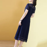 Elegant Stylish Chic Office Ladies Summer Party Dress O-Neck Short Sleeves Mesh Patch Midi Dress Tank Top