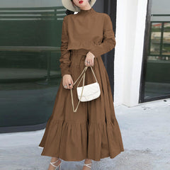 ZANZEA ladies Japanese and Korean style temperament solid color high neck long sleeve fashion trend elegant long skirt split stitching loose spring and autumn robe daily casual bohemian vacation style A-line dress S-5XL