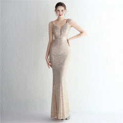 New sequined ladies banquet temperament V-neck show figure long aura queen dinner fishtail skirt