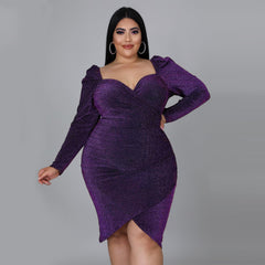 European and American plus size women's V-neck irregular short skirt slim sexy slim evening dress dress