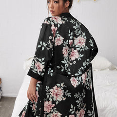Fashion fattening and enlarged bathrobe casual silk V-neck lady's home service cardigan tie-up nightgown