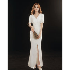 White evening dress female celebrity banquet elegant temperament host long sexy fishtail registration certificate graduation autumn