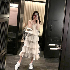 Dress Women's Spaghetti Suspenders Ulzzang Summer Vacation All Matching Casual Loose Friends Solid Color Simple Inner V Neck Ladies Clothes