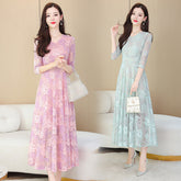 حار بيع جديد الدانتيل فستان جاكار المرأة ربيع جديد مزاجه الخصر التخسيس الخامس الرقبة تنورة طويلة فستان المرأة