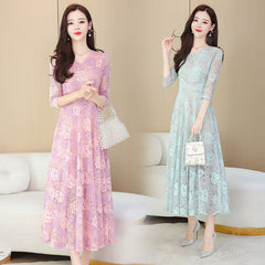 حار بيع جديد الدانتيل فستان جاكار المرأة ربيع جديد مزاجه الخصر التخسيس الخامس الرقبة تنورة طويلة فستان المرأة