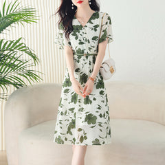 Sui La V-neck age-reducing chiffon floral waist dress women's summer temperament and meat-covering long skirt