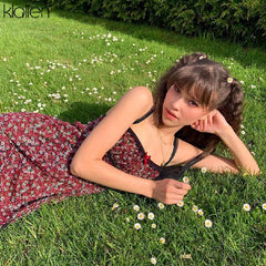 فستان قصير نسائي صيفي بوهو بحزام أحمر من KLALIEN فستان نسائي أنيق لطيف على طراز الكلية كاواي نحيف وناعم منقوش عليه زهور جديد