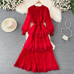 Light and familiar style retro long-sleeved round neck lace splicing waist and thin A-line pleated dress elegant big long skirt