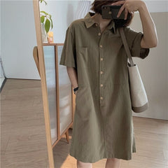 2023 short-sleeved dress women's solid color pocket high waist basic all-inclusive elegant retro Korean casual sportswear 4*11.