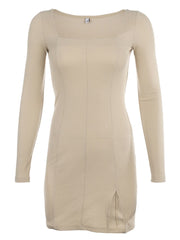 Darlingaga Elegant Square Neck Ribbed Black Dress Female Knitted Side Split Bodycon Dress Long Sleeve Fashion Mini Dresses Basic