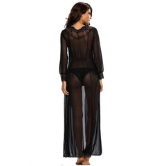 Women's robe sets set transparent mesh lace sexy pajamas femme stitching V-neck lace-up mesh long-sleeved nightgown +T pants