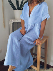 Amazon's foreign trade to Europe and the United States women's fashion summer V collar short sleeve cotton pure color loose big yards dress