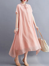 Ladies summer plus size women's clothing fat mm loose and thin cover belly lapel tie light and elegant dress women's midi skirt