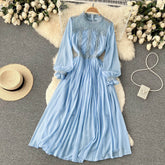 French temperament waist slimming knee-length long skirt pleated skirt French retro big long skirt round neck dress