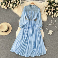 French temperament waist slimming knee-length long skirt pleated skirt French retro big long skirt round neck dress